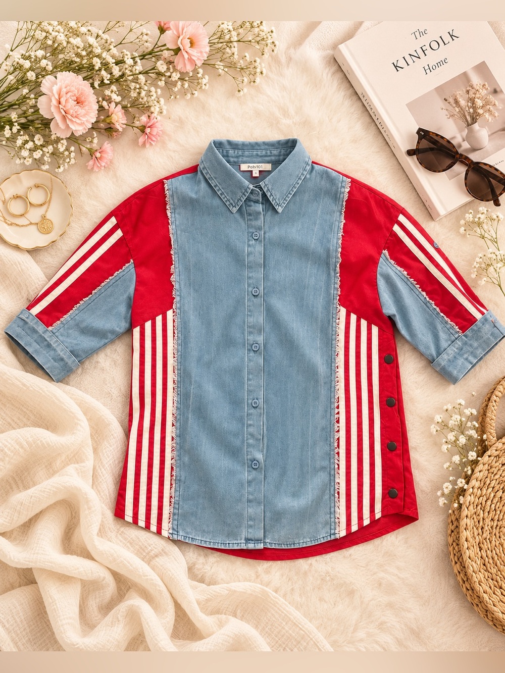 Red & Denim Button-Up Shirt - Casual Striped Top